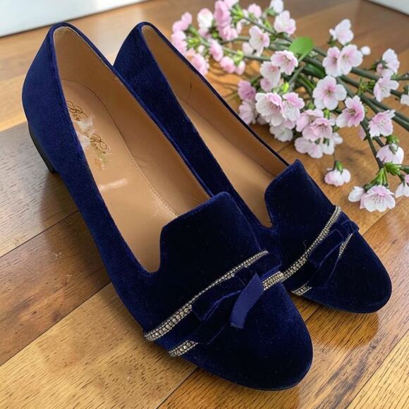 Brooks Brothers Shoes - Brooks Brothers Women's  Navy Blue Velvet Rhinestone Loafers Made in Italy Sz 9